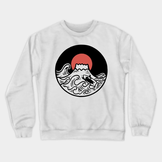 Great wave of Mount Fuji cat surfer Crewneck Sweatshirt by Chewbarber